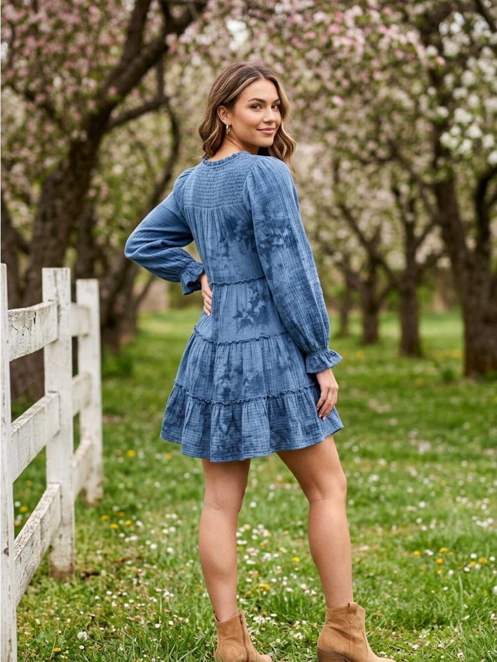 Beyond the Radar Blue V-Neck Long Sleeve Tiered Dress - Women's Size L - Picture 2 of 3